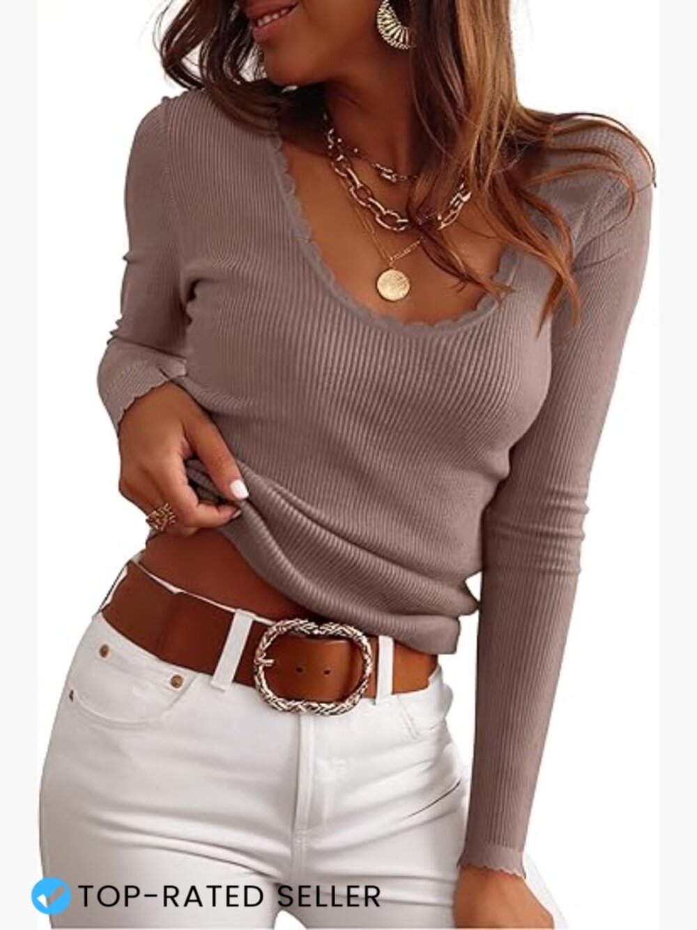 Ribbed Fitted Long Sleeve Sweater Scoop Neck Lightweight Knit Pullover Slim Top